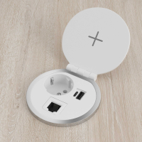 Gniazdo wpuszczane w blat biurka Powerhub Ø80, ładowanie bezprzewodowe, USB i RJ45