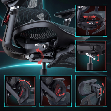krzeslo ergonomiczne czarny glide ultra siatka podlokietniki regulowane 5d podparcie ledzwiowe zaglowek wysuwany podnozek 6